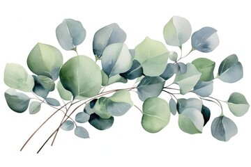 Eucalyptus branch with green leaves. Watercolor illustration, Watercolor green floral card with silver dollar eucalyptus leaves and branches isolated on white background, AI Generated
