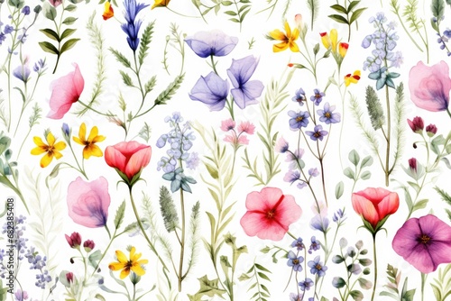 Seamless pattern with watercolor flowers. Hand-drawn illustration  Watercolor floral seamless pattern with colorful wildflowers and leaves  AI Generated