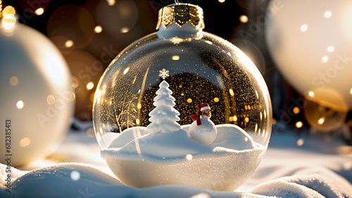 Boule de Noel transparente en verre contenant un paysage de Noel. Sapin enneigé et son étoile. Bonhomme de neige. photo