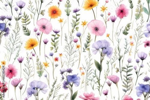 Seamless pattern with watercolor flowers. Hand drawn illustration  Watercolor floral seamless pattern with colorful wildflowers and leaves  AI Generated