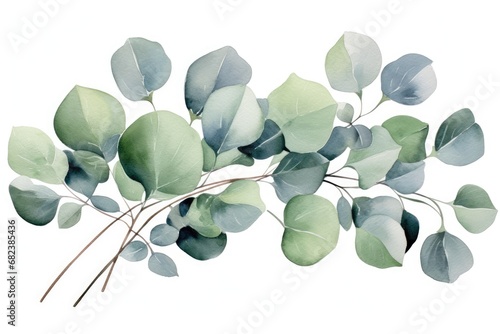 Eucalyptus branch with green leaves. Watercolor illustration, Watercolor green floral card with silver dollar eucalyptus leaves and branches isolated on white background, AI Generated