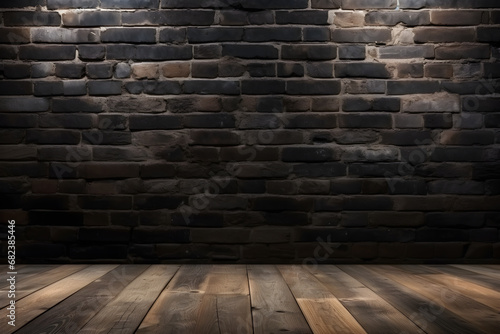 wood floor with black brick wall with lighting pattern texture background