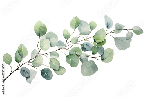 Eucalyptus branch with green leaves. Watercolor illustration, Watercolor green floral card with silver dollar eucalyptus leaves and branches isolated on white background, AI Generated