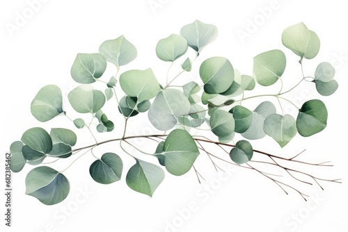 Eucalyptus branch with leaves isolated on white background, Watercolor green floral card with silver dollar eucalyptus leaves and branches isolated on white background, AI Generated
