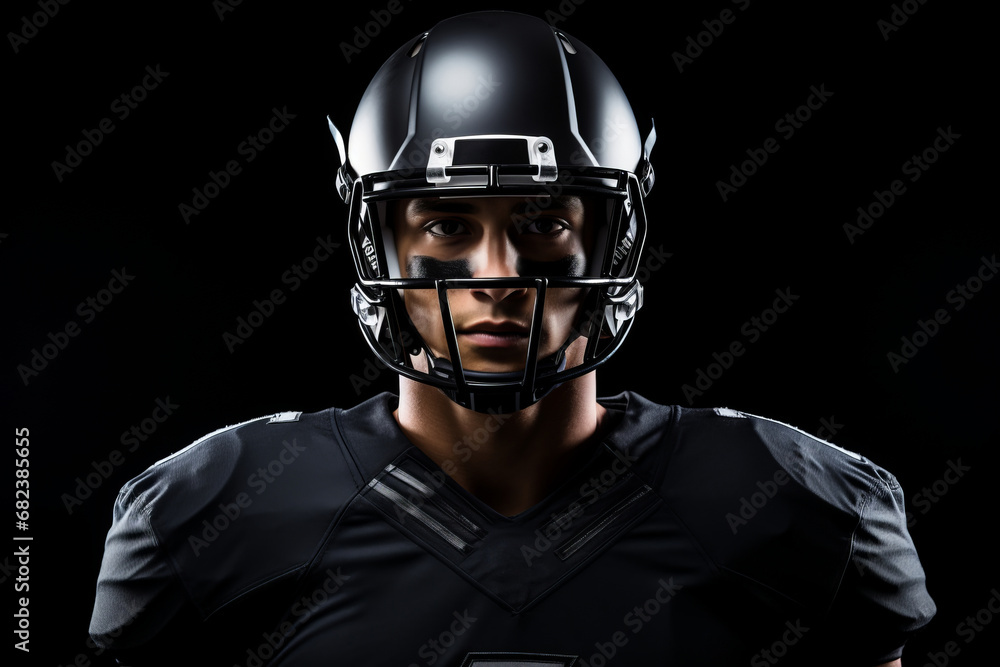 Brown American football player in dark uniform and helmet on a dark background