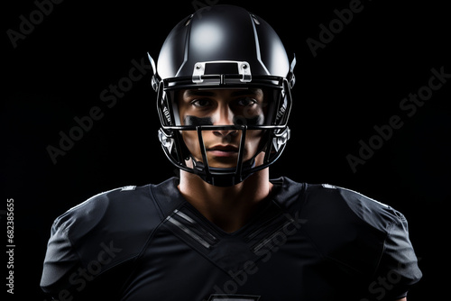 Brown American football player in dark uniform and helmet on a dark background
