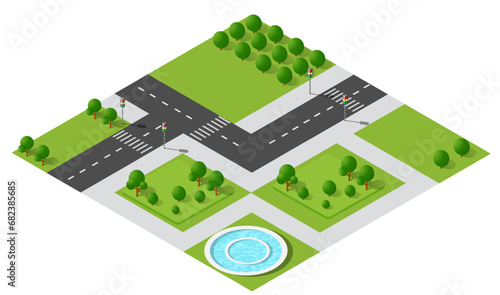 Nature forest landscape of isometric illustration with green tree, grass,