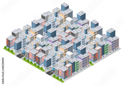 Isometric urban megalopolis top view of the city infrastructure town,