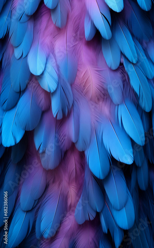 Blue and violet feathers as background.