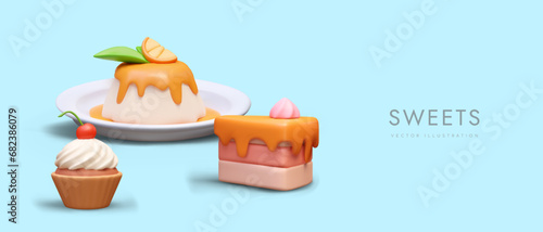 Concept of delicious and beautiful desserts. Advertising layout for confectionery, cafeteria, restaurant. Realistic panna cotta, piece of cake, cupcake with whipped cream. Appetizing serving