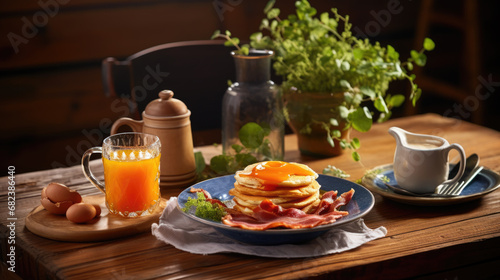 Breakfast setting with a stack of pancakes topped with a fried egg, smoked salmon on the side
