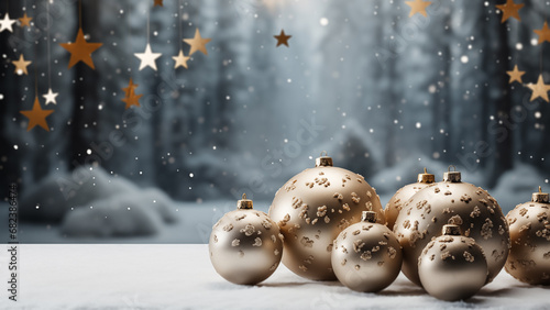 Golden Christmas balls with star patterns on a wooden surface against a snowy forest backdrop