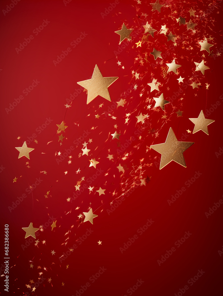 Golden five-pointed star falling in the sky, red background,. AI generative Golden five-pointed star falling in the sky, red background,. AI generative