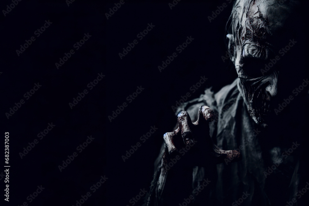 Close up zombie walking black background. ai generative