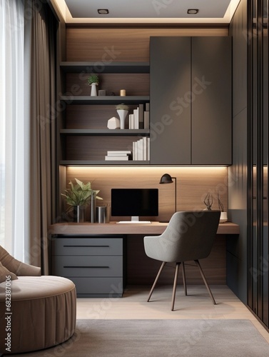 A desk area with a computer, calm atmosphere, home office, modern