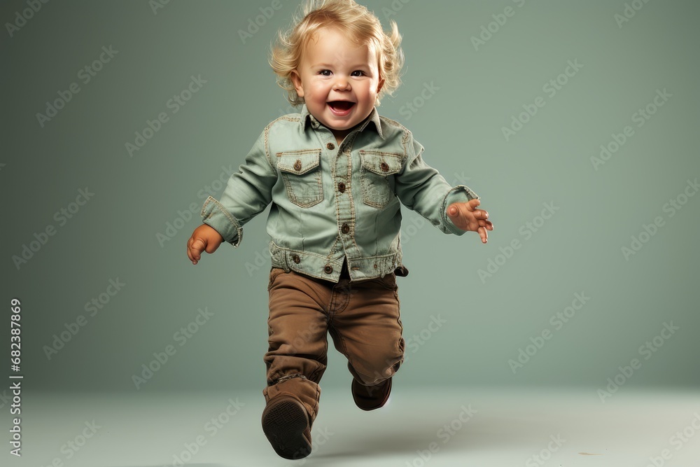 A happy boy in a shirt and jeans runs on a gray background. Advertising children's clothing A happy boy in a shirt and jeans runs on a gray background. Advertising children's clothing