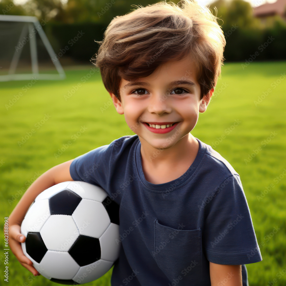 young smile boy play football on green grass field. ai generative young smile boy play football on green grass field. ai generative