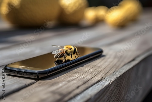 Bee sitting on phone closeup photo. Bumblebee insect on smartphone from wooden table. Generate ai © nsit0108