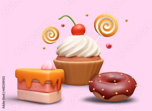 Realistic muffin with white cream, cake with orange fruit jam, and chocolate donut. Design for sweets shop. Vector illustration in brown colors on pink background