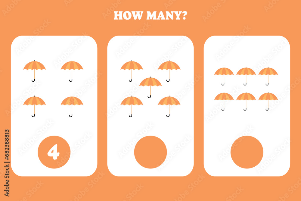 Counting game for kids. How many umbrella are there? Educational worksheet design for children. Counting game for kids. How many umbrella are there? Educational worksheet design for children.