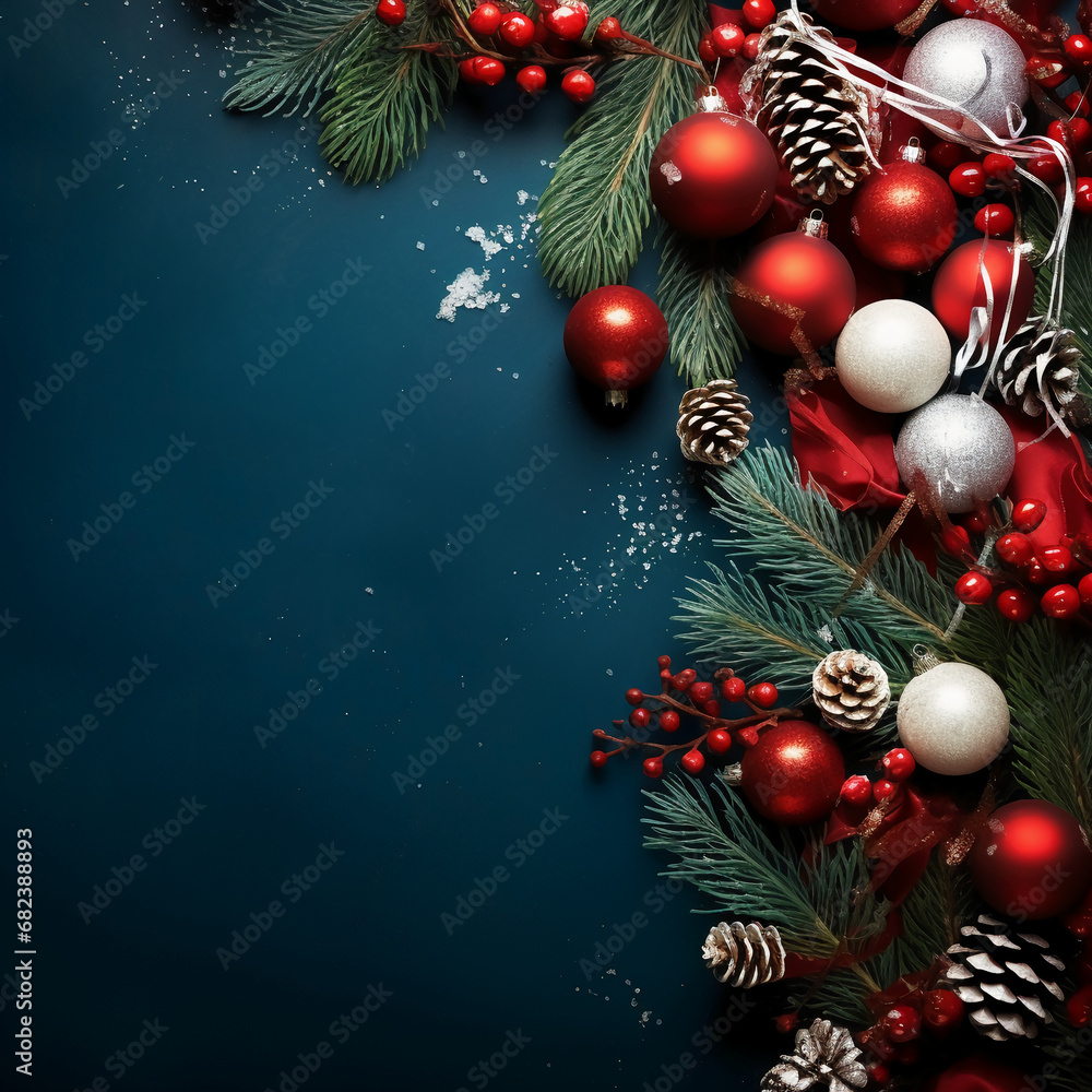 Christmas background, borders decorated, blue colors. AI generative