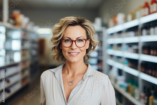 White blond female pharmacist in glasses and white clothes who smiles and looks at the camera during work time