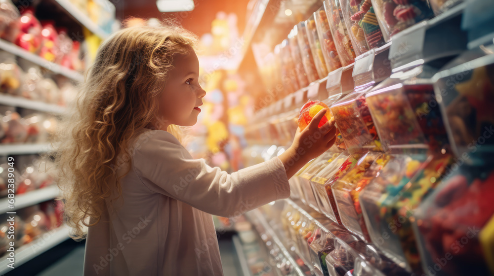 A little girl is looking at the shelf with sweets in the store.