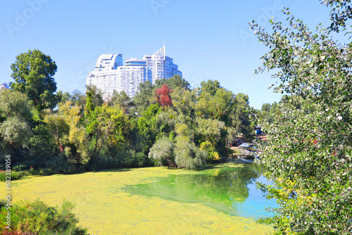 Cityscape in Obolonsky district in sunny day in Kyiv, Ukraine photo