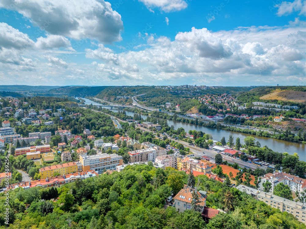 Prague, Czech republic, drone view from above in sunny summer day, July 2023