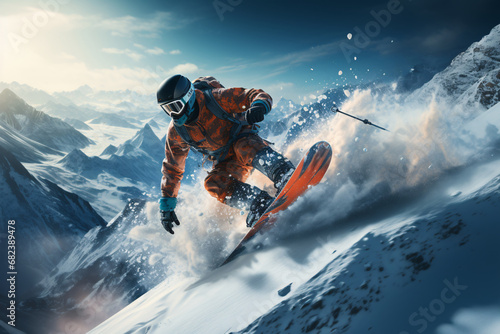 snowboarder jumping on a mountain slope, doing extreme sports photo