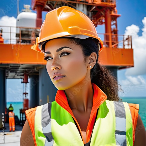 A girl in a helmet works in the sea on an oil platform. Sunny bright day at sea
