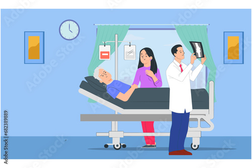 Male doctor looking an x-ray at patient room. Health care fitness vector.