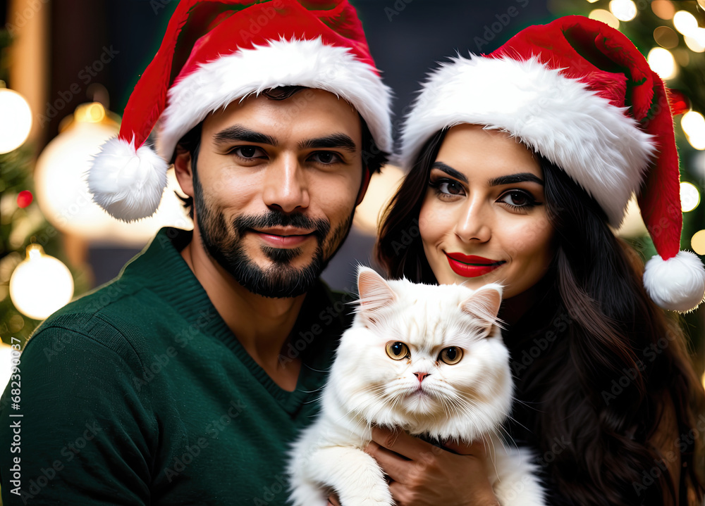 A beautiful Caucasian couple, together with a cute cat against the background of a shining Christmas scene A beautiful Caucasian couple, together with a cute cat against the background of a shining Christmas scene