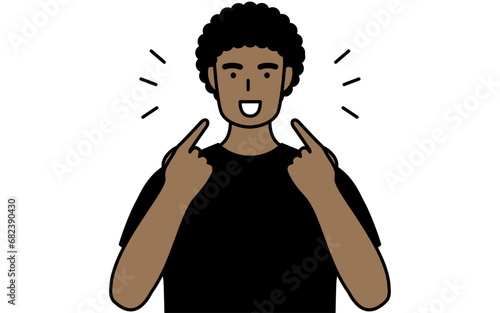 Young Black Man teaching pronunciation in English conversation (pointing to his mouth)