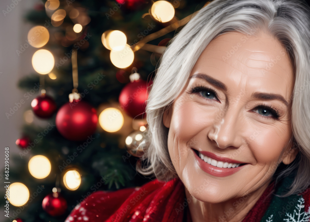Close-up of a beautiful and elegant lady of about 50 years old, smiling, against the background of a splendid Christmas scene Close-up of a beautiful and elegant lady of about 50 years old, smiling, against the background of a splendid Christmas scene