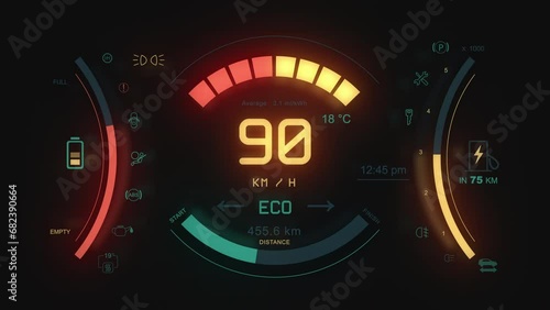 Car dashboard panel in electric vehicle. Modern digital screen with speedometer, battery range display and other info. Close up car panel signs. photo