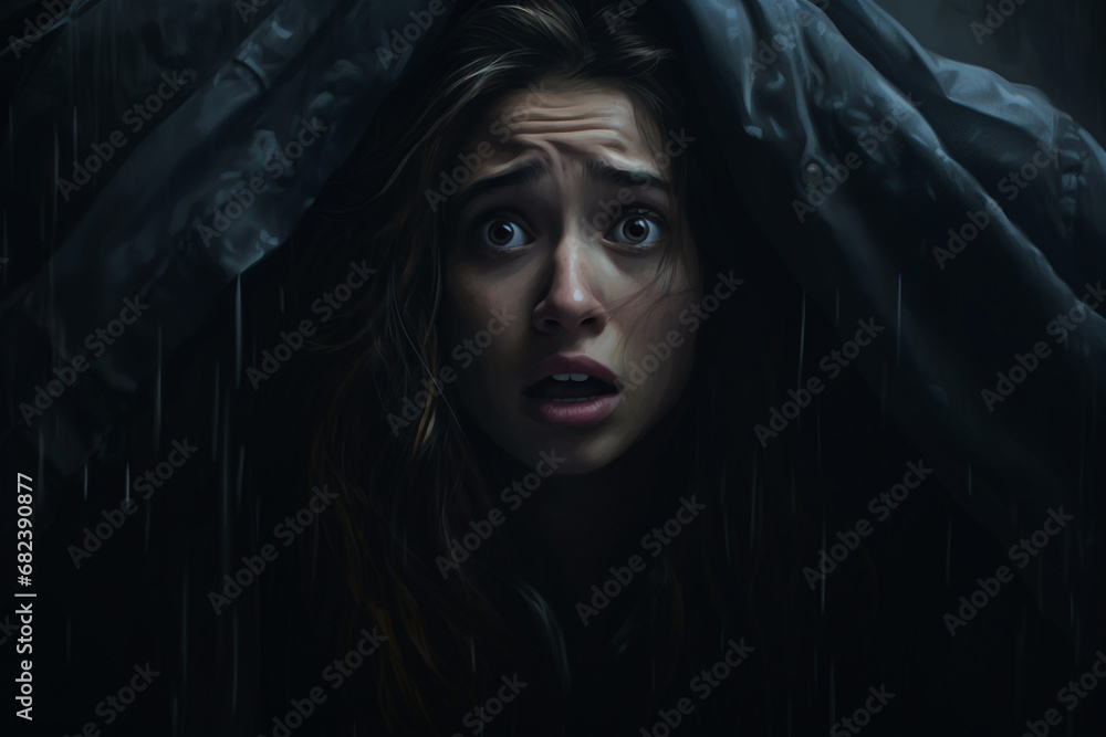 an afraid shocked scared woman or feared girl in a dark background. horror portrait close up, big eyes, lady anxiety shock, fear worried expression. Social anxiety disorder. social phobia.