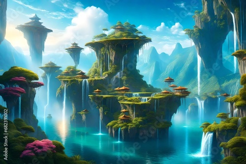 A captivating fantasy landscape with floating islands suspended in the sky, waterfalls cascading down, and mythical creatures soaring through the air
