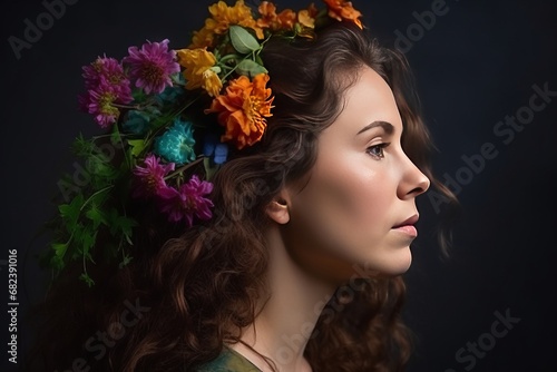 Young woman portrait with beautiful flowers and green leaves in hair photo