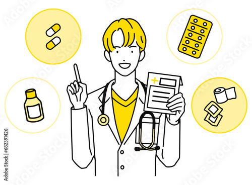 薬の説明をする男性医師・薬を手に持ち指差しをする医者