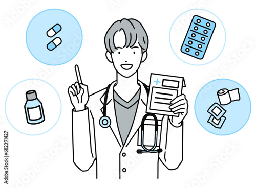 薬の説明をする男性医師・薬を手に持ち指差しをする医者