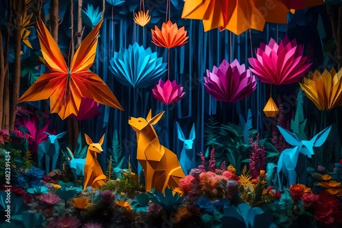 A whimsical and colorful paper art installation in a fantasy forest, with oversized origami animals, vibrant flowers, and cascading waterfalls photo