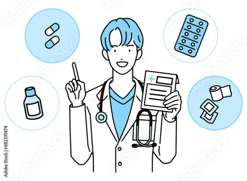 薬の説明をする男性医師・薬を手に持ち指差しをする医者