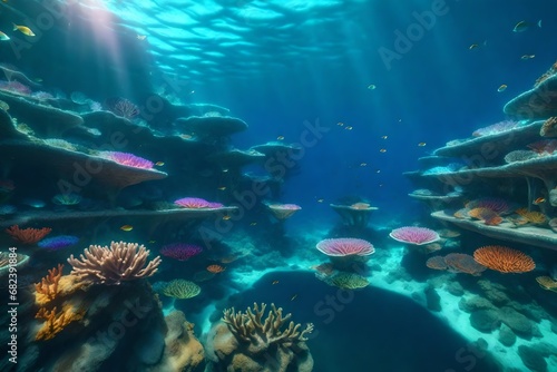 A mesmerizing underwater cityscape teeming with marine life, colorful coral reefs, and futuristic structures