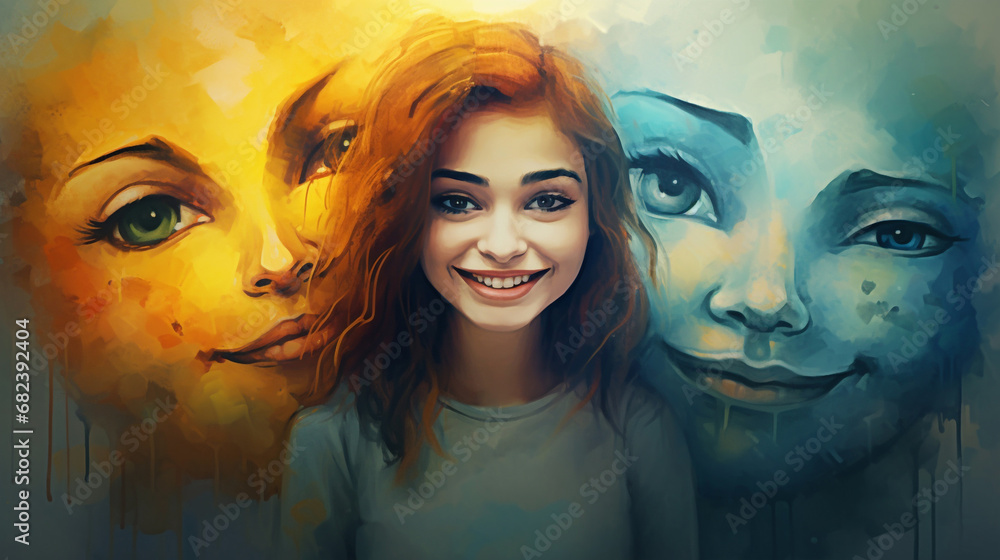 a girl in front of two faces, hearing sound hallucinations with vivid background. auditory hallucinations perceptual disturbance. schizophrenia. mental health conditions. - obrazy, fototapety, plakaty 