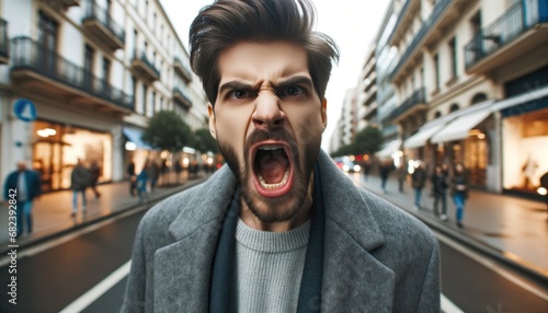 Angry man shouting on a blurred city street background during the day photo