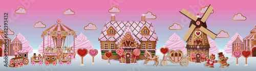 valentine seamless gingerbread landscape. valentine's day seamless border with candies and cookies