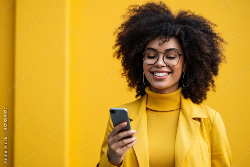 Young brown woman with glasses and long curly hair in bright yellow clothes smiles while using phone on the yellow background Young brown woman with glasses and long curly hair in bright yellow clothes smiles while using phone on the yellow background