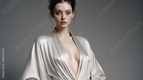 Elegant portrait of a young woman draped in a flowing silk gown, exuding sophistication and a timeless beauty.