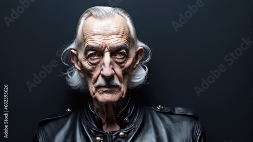 Elderly man exuding a rebellious spirit, complete with a leather biker jacket and silver white hair.